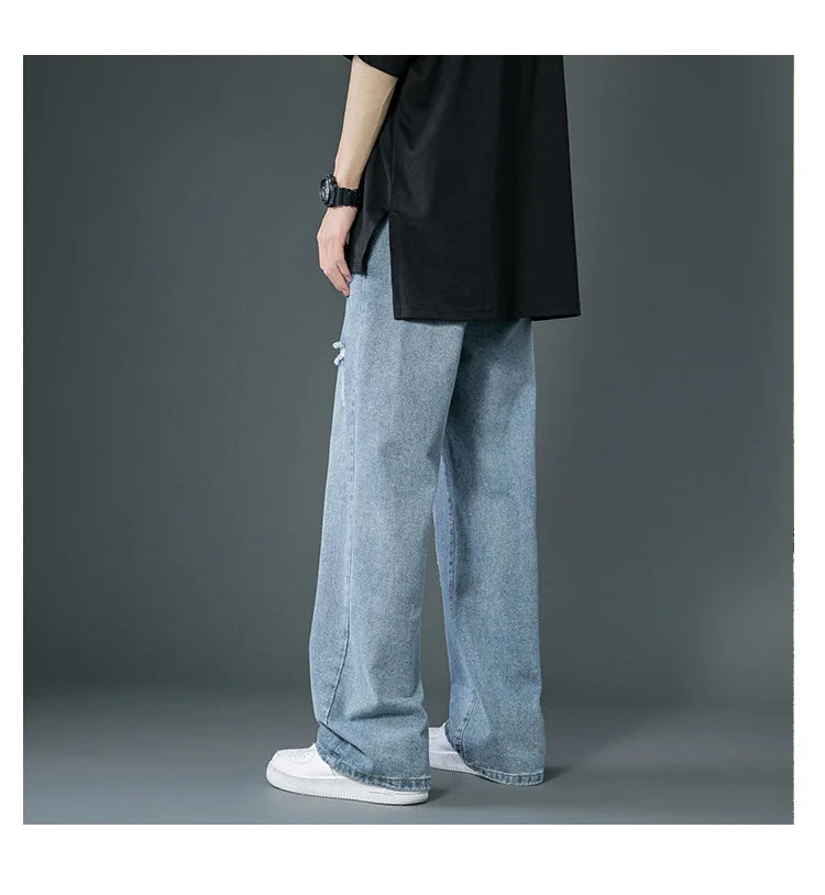 Ripped Jeans Men Ins Trendy - Straight Leg Loose Wide Leg