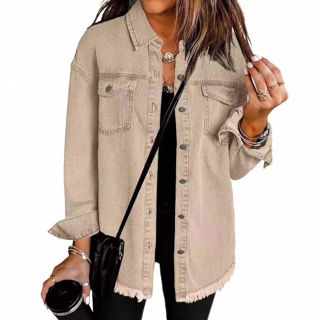 New washed denim shirt jacket for women autumn and winter personality street style edged hem jacket for women
