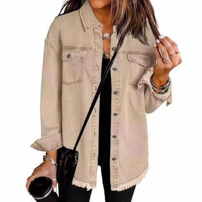 New washed denim shirt jacket for women autumn and winter personality street style edged hem jacket for women