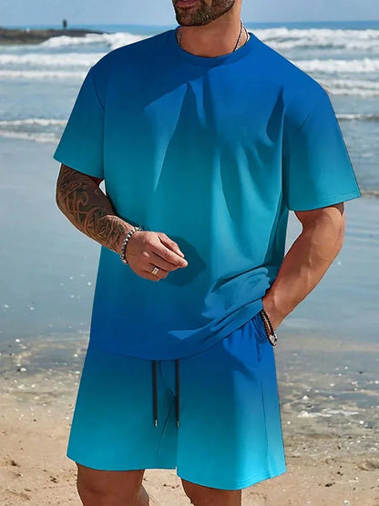 Men's 3D Gradient T-shirt and Shorts Set - Casual Sportswear