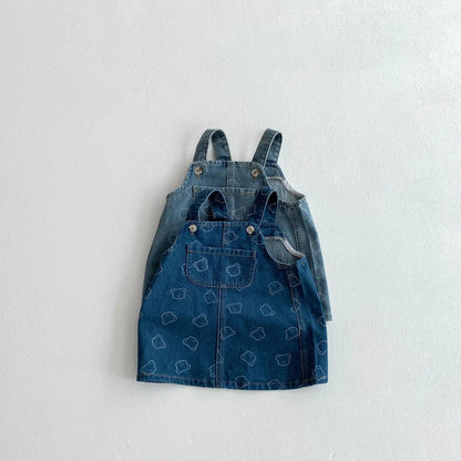 New Spring Summer 2025 Dress Toddler Girls' Suspenders Dress Cute Bear Printing Denim Dress For Baby Girls 1 To 8 Years Old