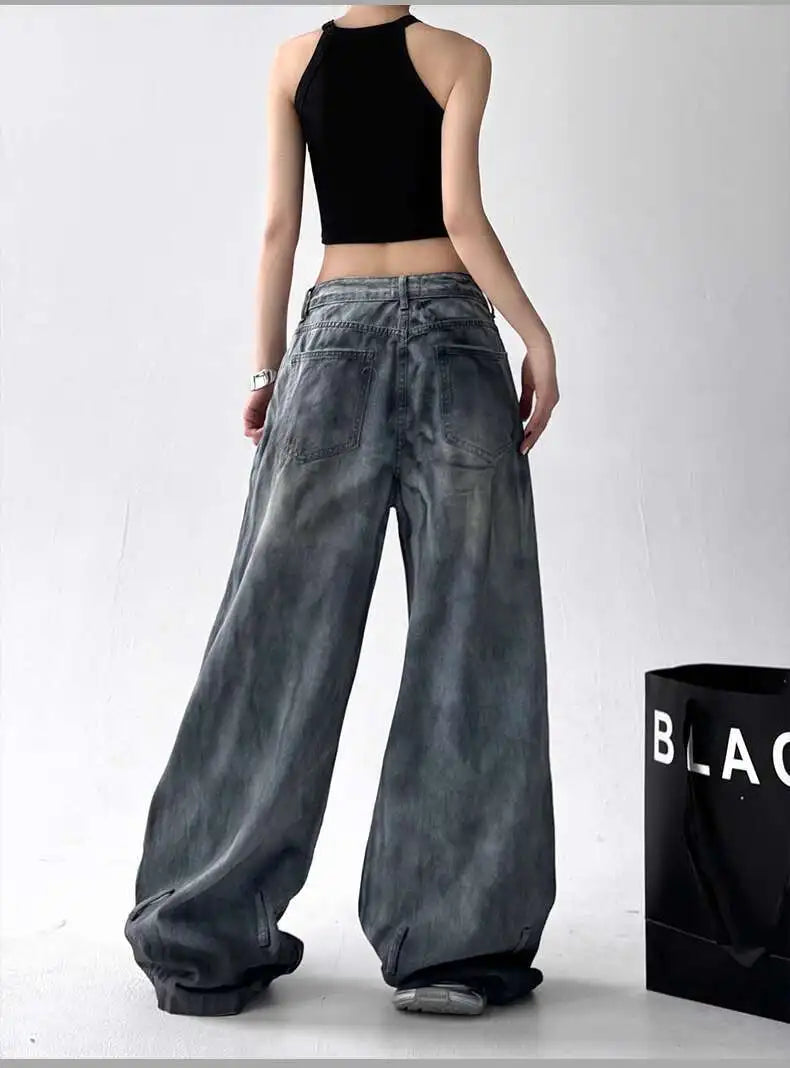 Women Jeans American High Street Ripped Straight Wide-Leg