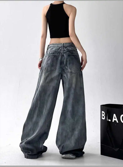 Women Jeans American High Street Ripped Straight Wide-Leg