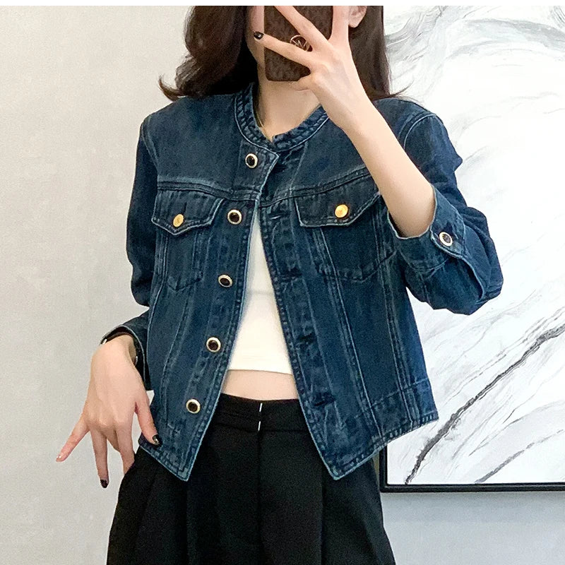 Vintage Women's O-Neck Denim Jacket Y2K