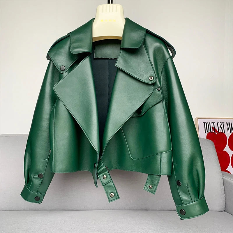 Sheepskin Coat For Women Leather Jacket Winter Spring Moto Biker Genuine Top Quality Black