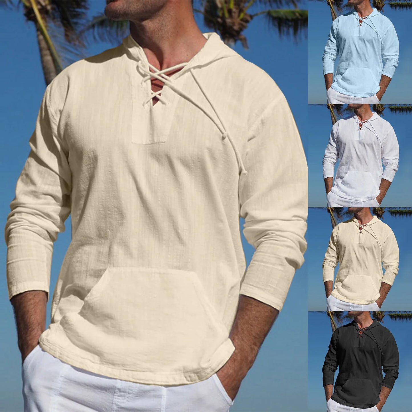 Men's Cotton Linen Hooded Sports Shirt