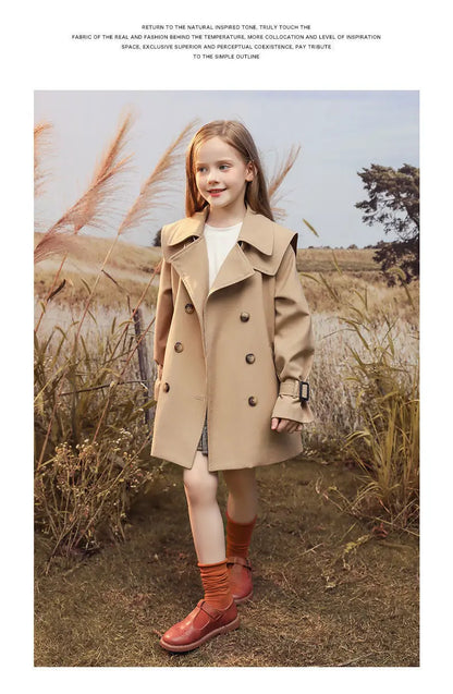 Girls Windbreaker Trench Coat - Kids Mid-Length 3-14 Years