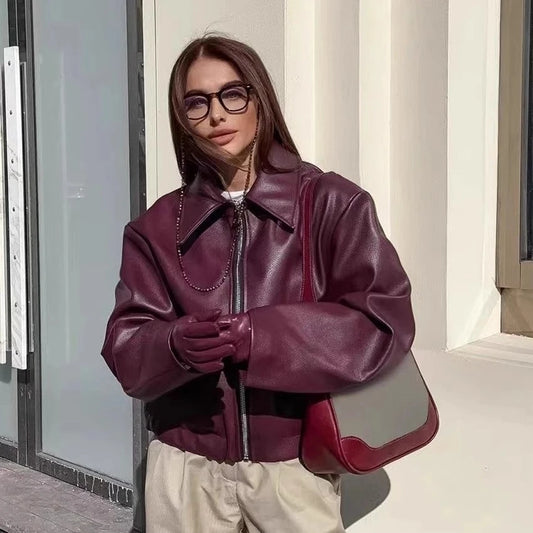 Autumn Winter Retro Leather Jacket 2025 New Women Pu Leather Jacket Short Lapel Motorcycle Loose Coat Women Biker Leather Coat