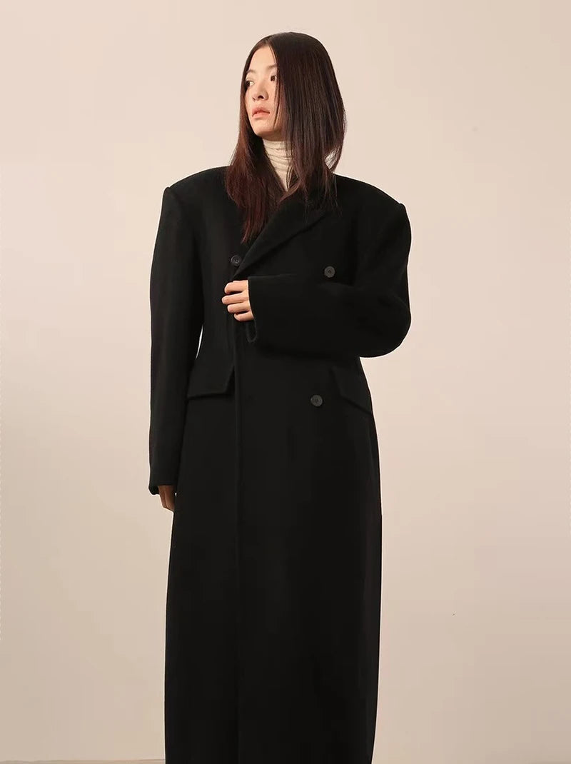 Women's Y2K Faux Wool Coat - Double Breasted Winter Jacket