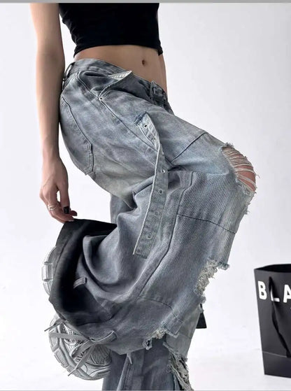 Women Jeans American High Street Ripped Straight Wide-Leg