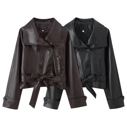 Women's Cropped Leather Jacket - Belt Lapel Double-Breasted Coat
