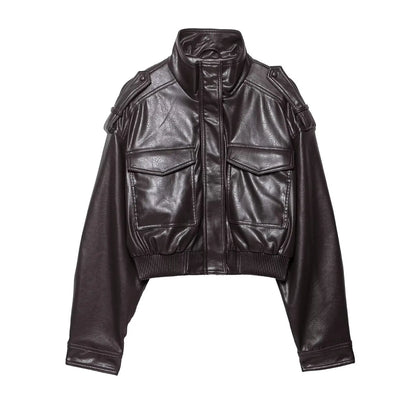 Women's Black Leather Jacket - Vintage Zipper Moto Biker Coat