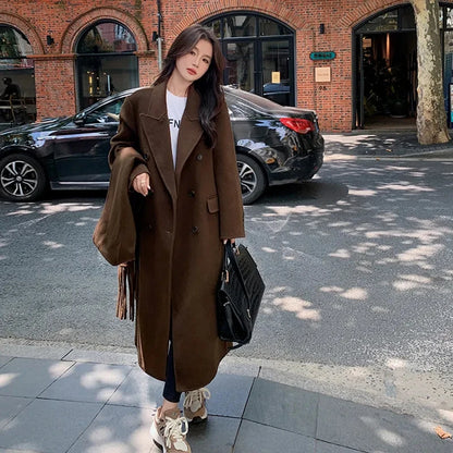 Women's Y2K Faux Wool Coat - Double Breasted Winter Jacket