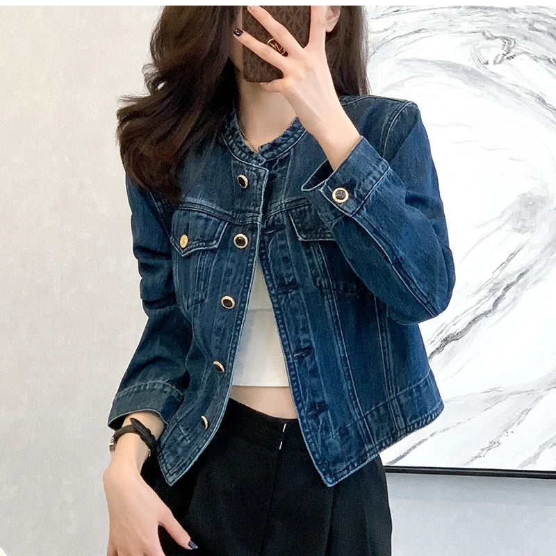 Vintage Women's O-Neck Denim Jacket Y2K