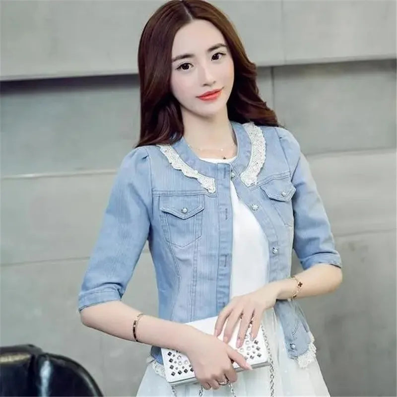 Denim Gödəkçə Qadın 2023 Yarımqol Cins Gödəkçə Qadın Elastik Rahat Denim Palto Qısa Denim Gödəkçə Qadın