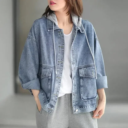 Korean Denim Jacket Women Hooded Vintage