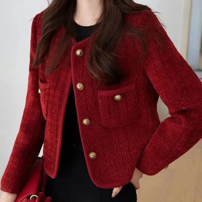 Women's Jacket 2026 Spring Autumn Red Tweed Small Fragrance