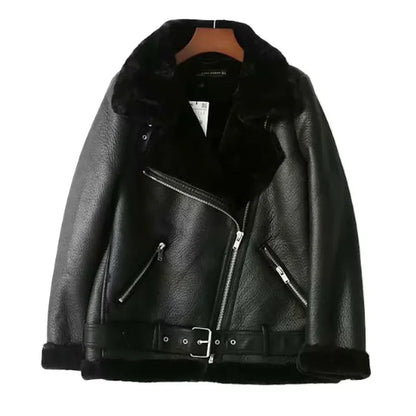 Winter Women Thick PU Leather Warm Suede Lamb Jacket Motorcycle Coats Faux Shearling Biker Sheepskin Leather Jackets Outwear