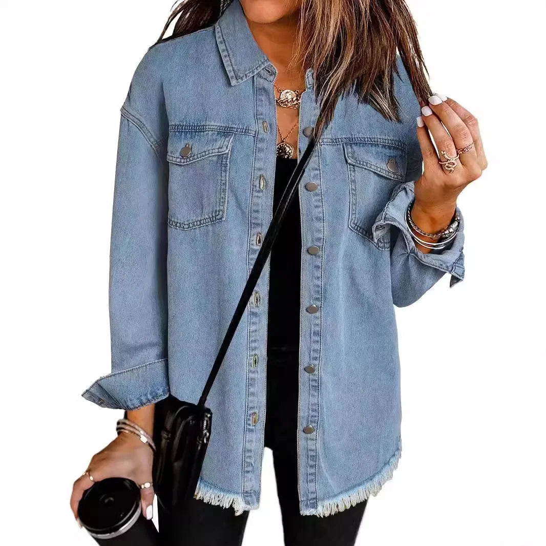 New washed denim shirt jacket for women autumn and winter personality street style edged hem jacket for women