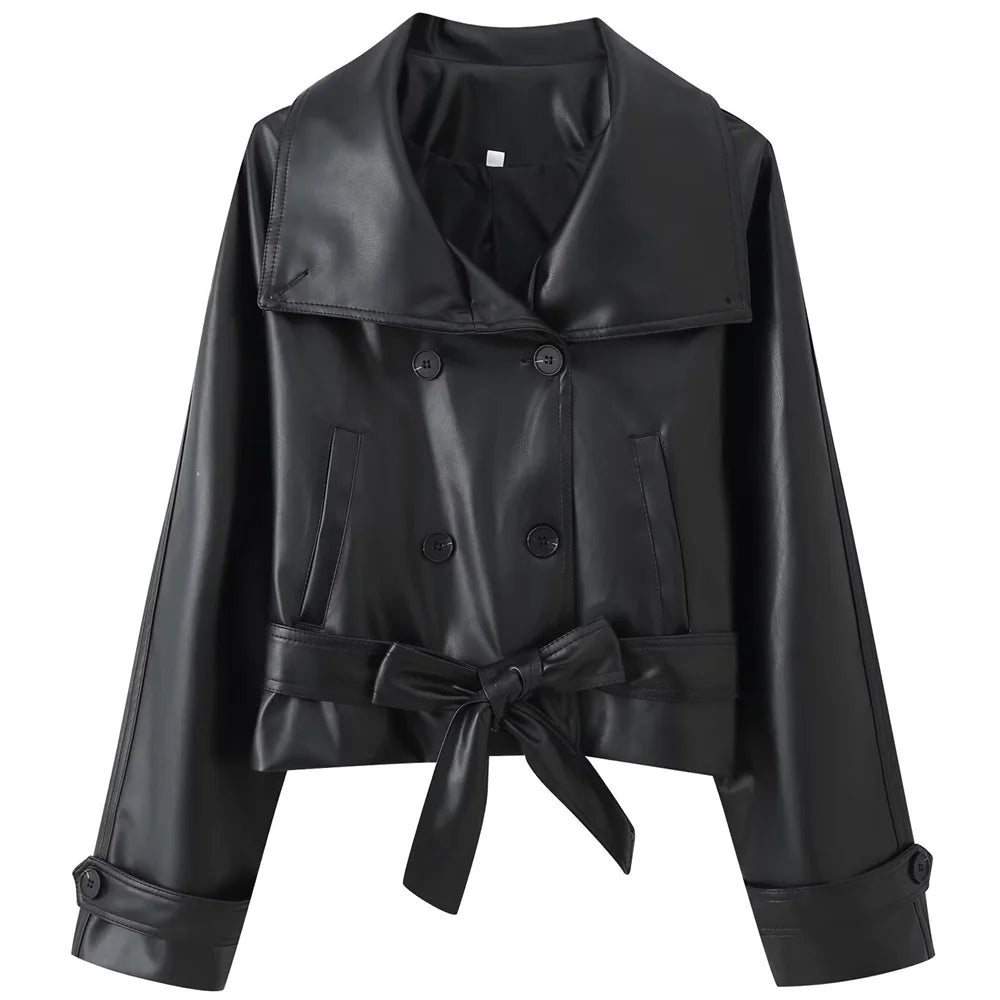 Women's Cropped Leather Jacket - Belt Lapel Double-Breasted Coat