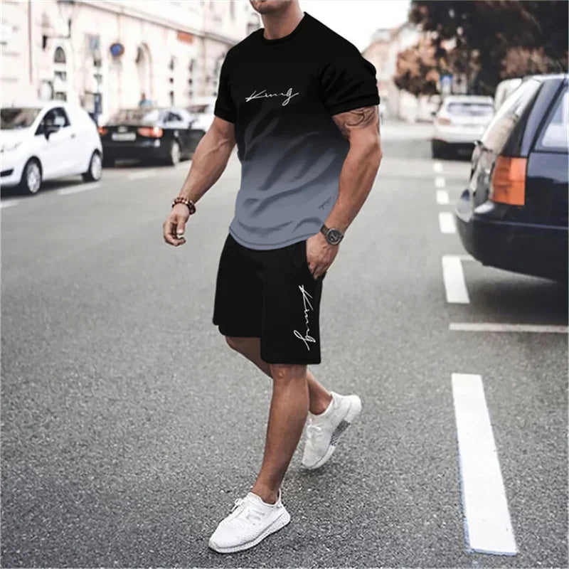 Men's 3D Gradient T-shirt and Shorts Set - Casual Sportswear