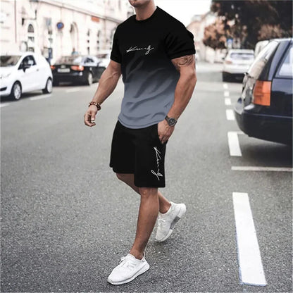 Men's 3D Gradient T-shirt and Shorts Set - Casual Sportswear