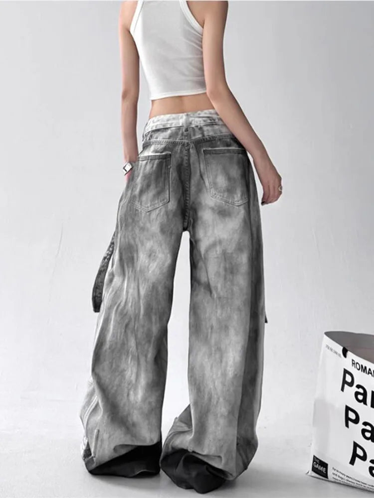 Women Jeans American High Street Ripped Straight Wide-Leg
