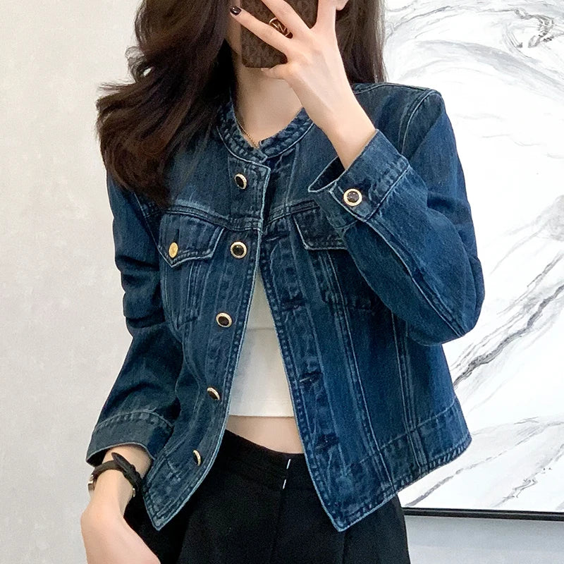 Vintage Women's O-Neck Denim Jacket Y2K