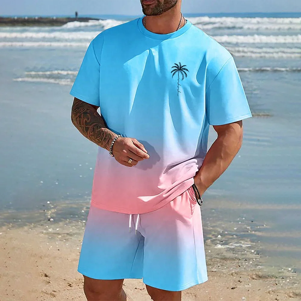Men's 3D Gradient T-shirt and Shorts Set - Casual Sportswear