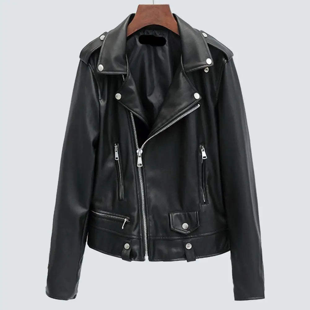 Women Jacket Faux Leather Turn-down Collar Zip-up Zipper jackets Long Sleeves Motorcycle Jacket Coat Travel Motor Outerwear