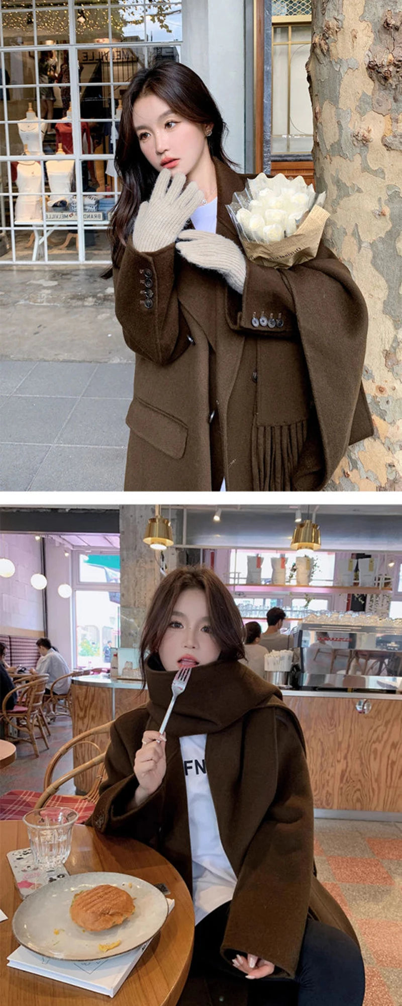 Women's Y2K Faux Wool Coat - Double Breasted Winter Jacket