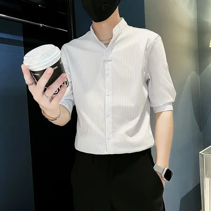 Men's Striped Stand Collar Cardigan Shirt 2025