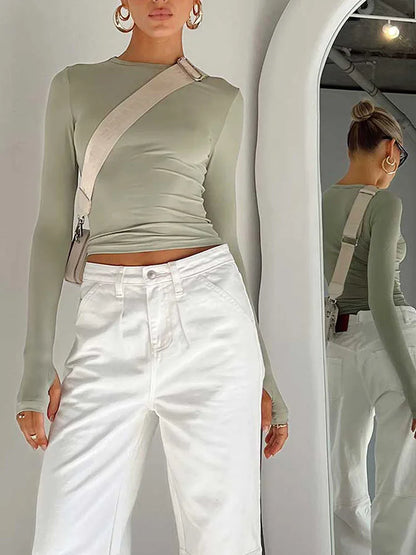 Moda Qadın T-shirt Uzunqol Dəyirmi Yaxa Bütün Rəngli Dar Kəsim Qadın Krop Top Baş Barmaq Deşikli Gündəlik Küçə Geyimi Yay Kamisolu Üçün