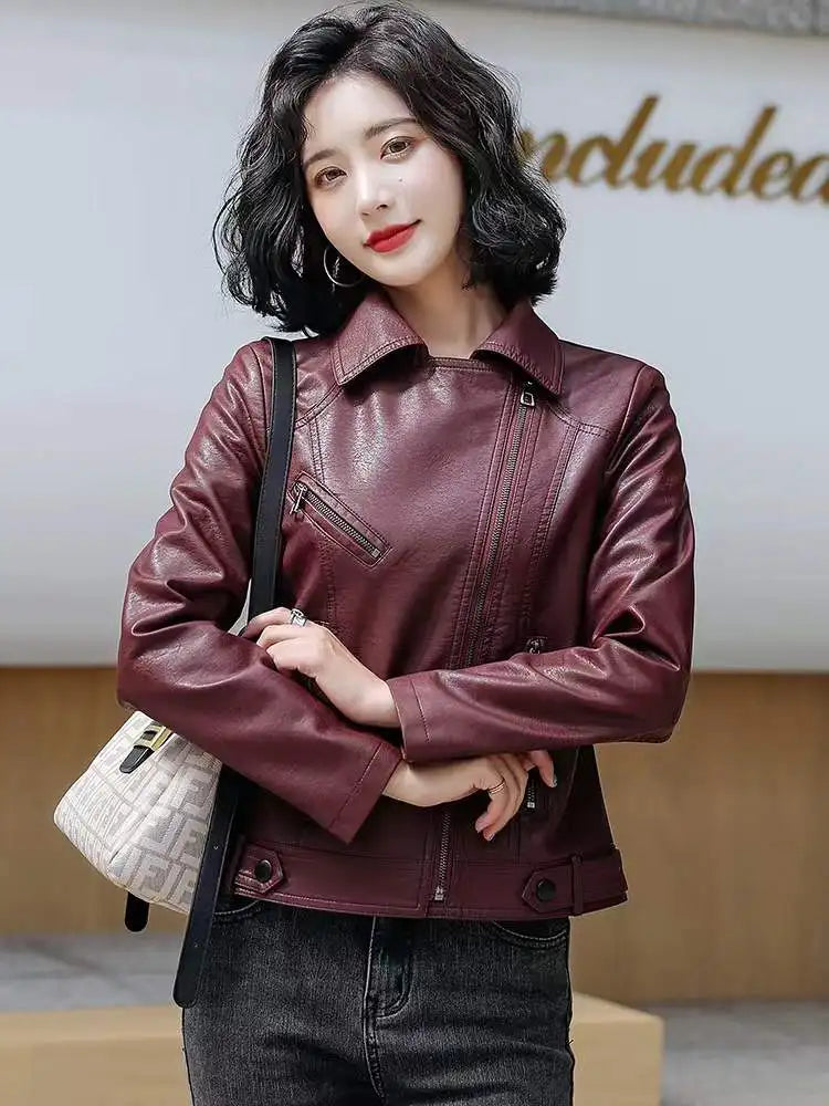 Women's Classic Slim Leather Jacket - Suit Collar Biker Coat