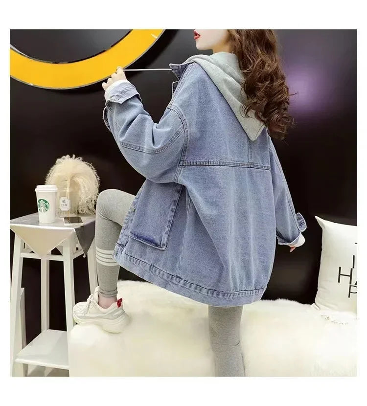 Korean Denim Jacket Women Hooded Vintage