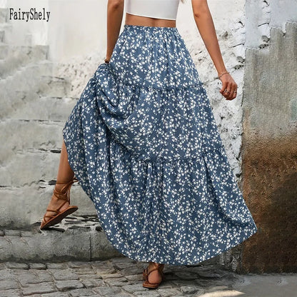 Casual Flower Print Long Skirt - High Waist Maxi Skirt
