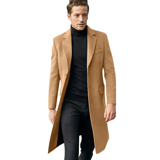 Men's Long Trench Coat - Slim-Fit Wool Jacket
