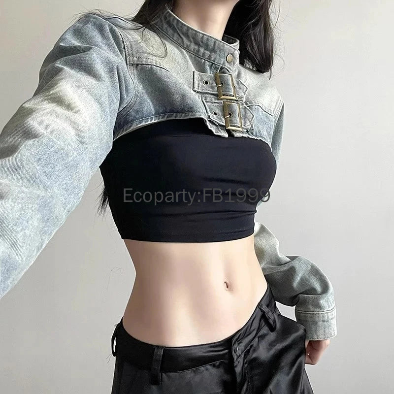 Women Fashion Denim Jacket Y2K Aesthetic Vintage Sexy Crop Tops Coat Japanese Harajuku Streetwear Female Spring Summer Outerwear