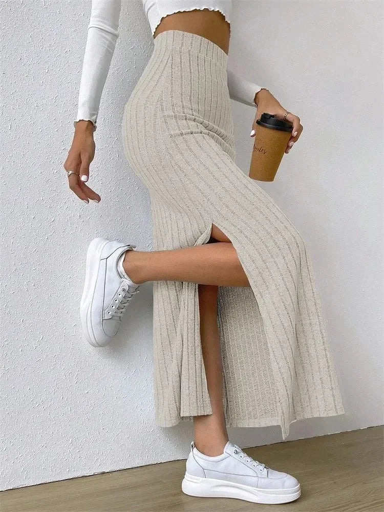 Women's Rib-knit Side Split Maxi Skirt - Long Skirt