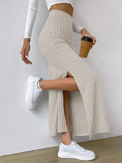 Women's Rib-knit Side Split Maxi Skirt - Long Skirt
