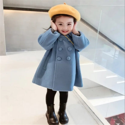 Girls Tweed Coat - Mid-Length Padded Double-Breasted Winter