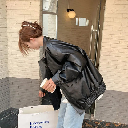 College Style PU Leather Jacket for Women 2025 Spring and Autumn New Loose Windproof Leather Jacket
