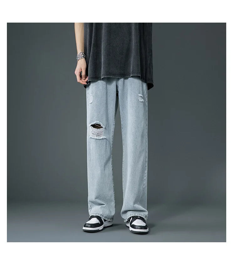 Ripped Jeans Men Ins Trendy - Straight Leg Loose Wide Leg