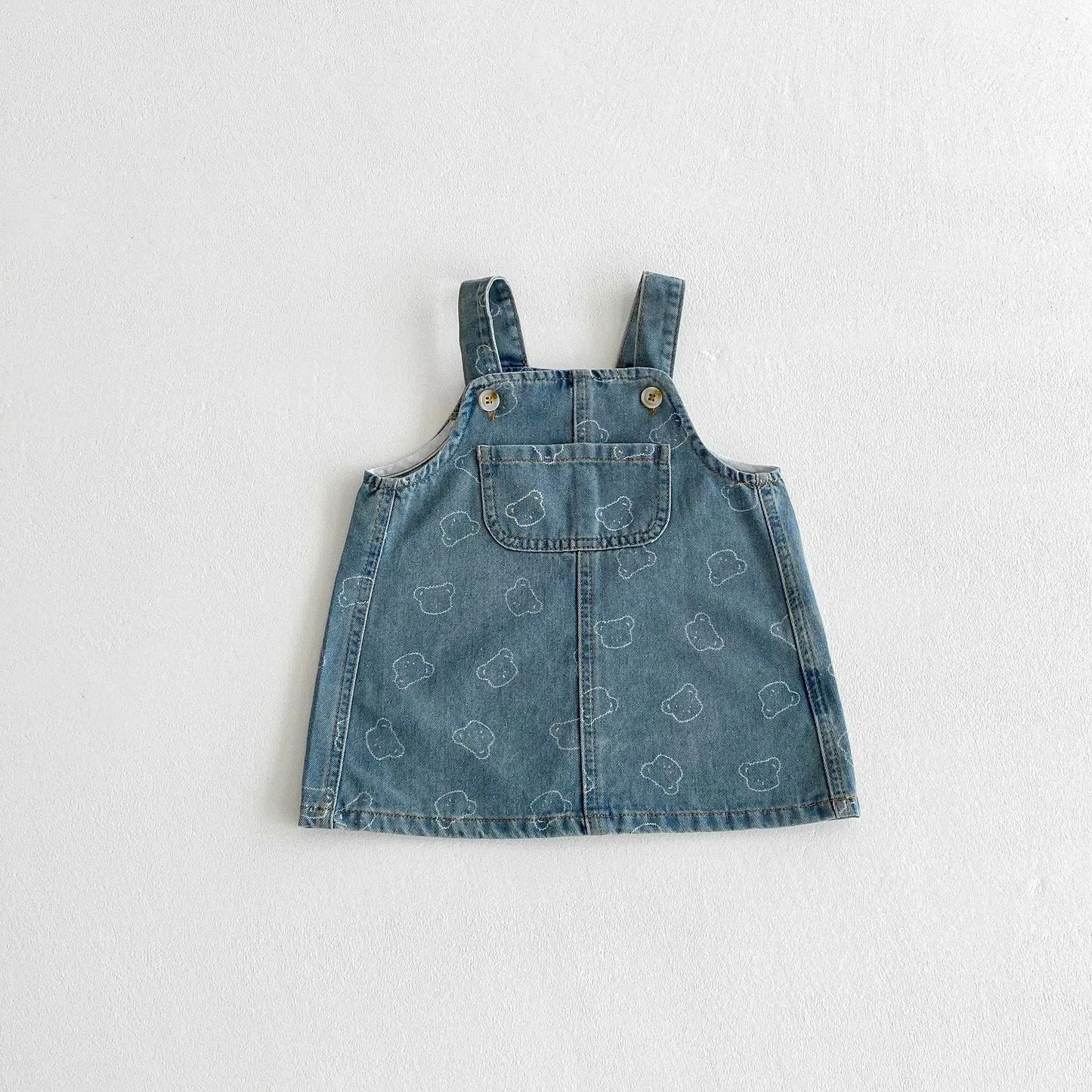 New Spring Summer 2025 Dress Toddler Girls' Suspenders Dress Cute Bear Printing Denim Dress For Baby Girls 1 To 8 Years Old