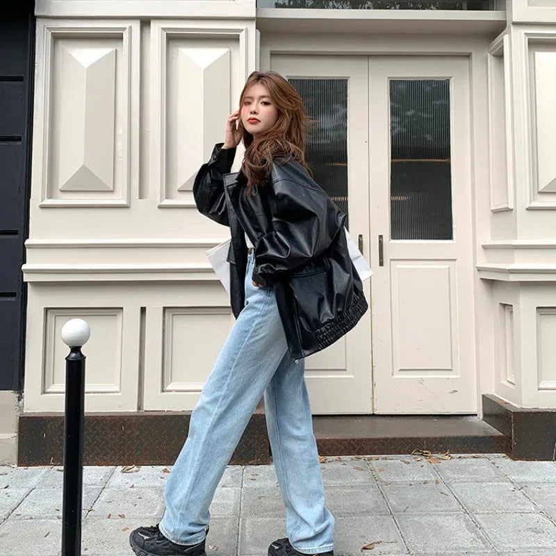 College Style PU Leather Jacket for Women 2025 Spring and Autumn New Loose Windproof Leather Jacket
