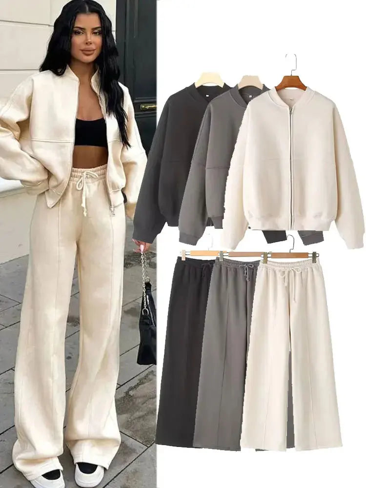 HH Women's Fall 2-Piece Retro Bomber Jacket + Wide Leg Pants Streetwear