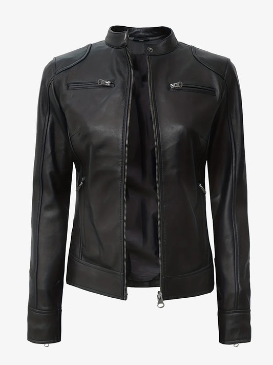 Women's Leather Jacket - Slim Fit A-line Zipper Cycling Jacket, Stand Collar Long Sleeve Casual Cycling Jacket, All-Season PU Le