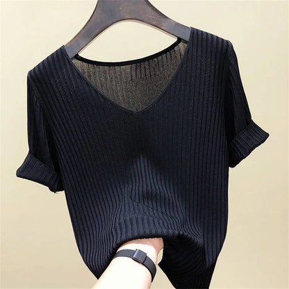 Women's Summer Blouse V-Neck Knitted Short Sleeve Top