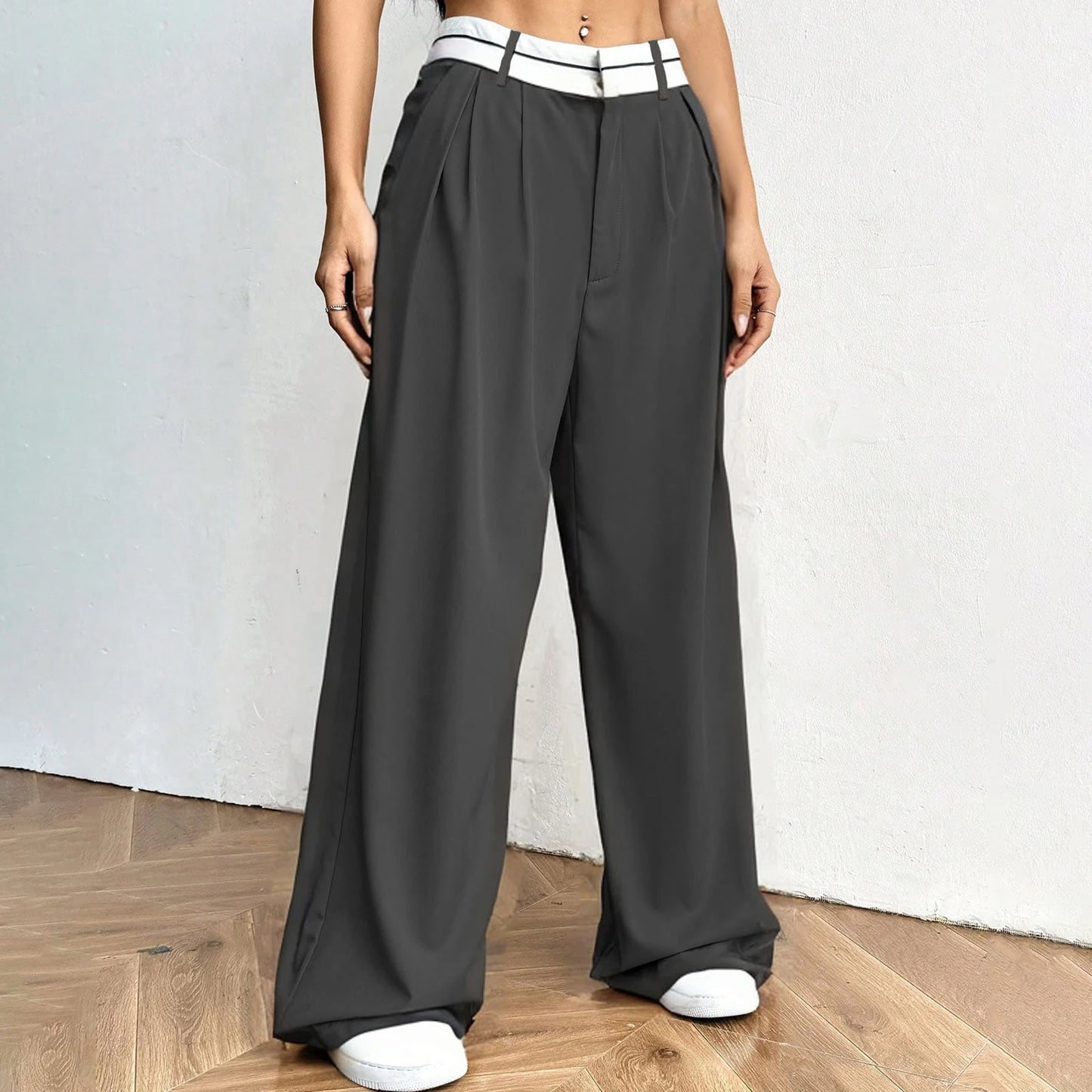 Women's Blazer Pants Pleated Wide-Leg Casual Trousers Contrast Waistband Daily Wear Stylish Versatile Loose Fit  Long Pants
