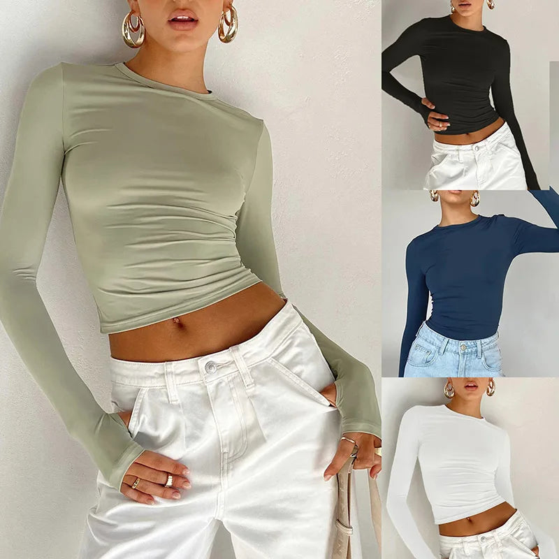 Moda Qadın T-shirt Uzunqol Dəyirmi Yaxa Bütün Rəngli Dar Kəsim Qadın Krop Top Baş Barmaq Deşikli Gündəlik Küçə Geyimi Yay Kamisolu Üçün